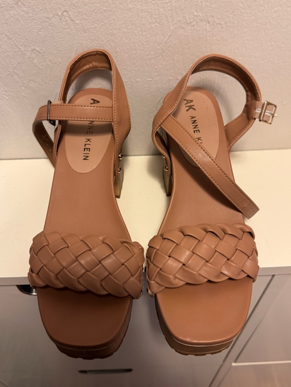 Anne Klein Braided Strap Tan Block Heel Sandals